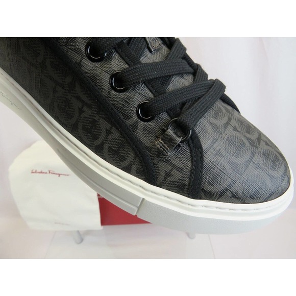 NIB FERRAGAMO ANSON GRAY COATED CANVAS GANCINI LOGO PRINT BLACK SNEAKERS 11.5 main image 11